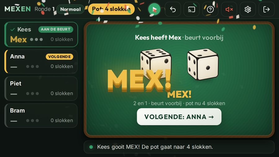 Een Mex in de app: 2 en 1, de hoogste worp. De beurt is meteen voorbij.