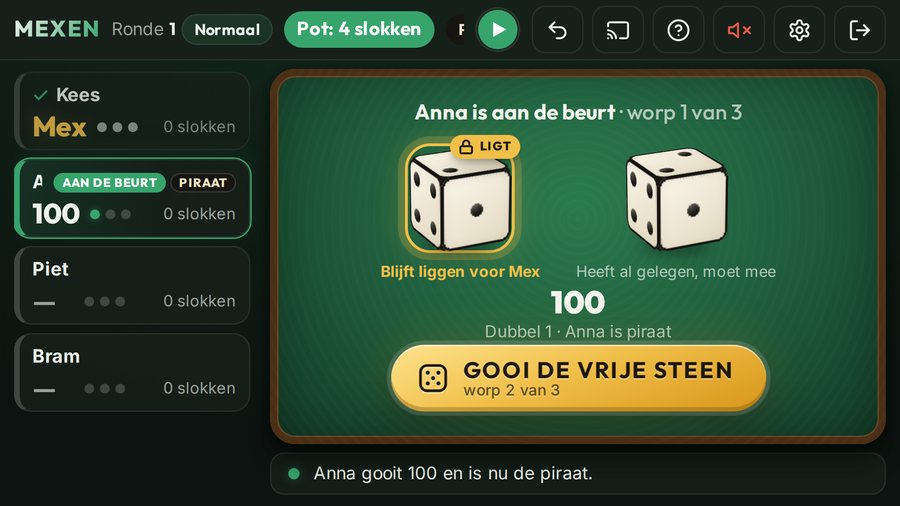 Anna gooit dubbel 1 (100) en is de piraat.